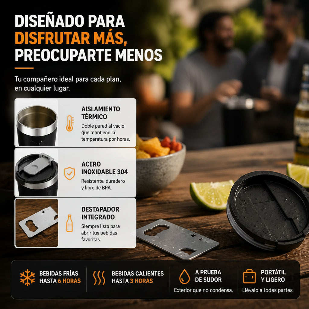 Vaso Térmico Acero Inoxidable 304 · Frío 6h / Calor 3h con Tapa y Abridor