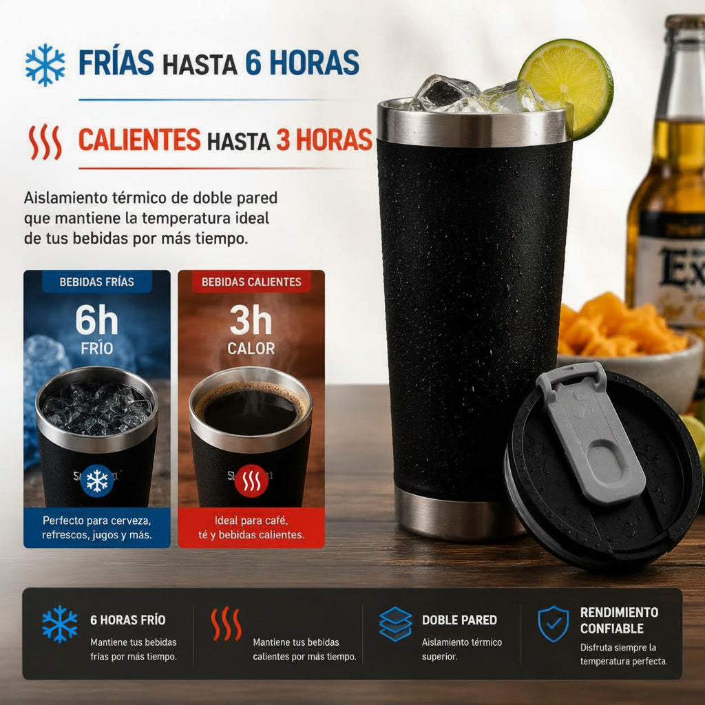 Vaso Térmico Acero Inoxidable 304 · Frío 6h / Calor 3h con Tapa y Abridor