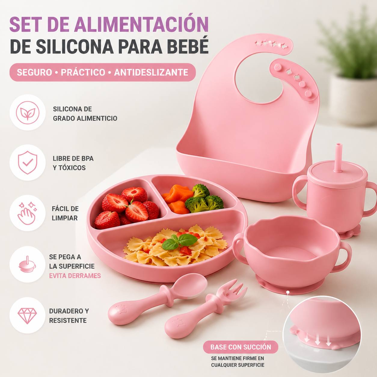 Set de Alimentación de Silicona para Bebé · 6 Piezas con Succión | Plato, Bol, Babero, Vaso y Cubiertos BLW