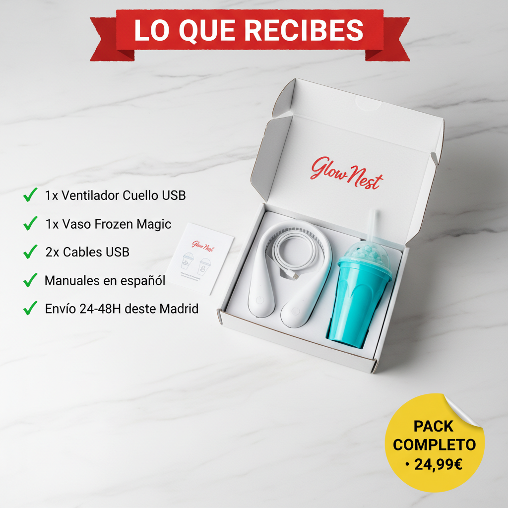 Lo que recibes en el Pack · Ventilador + Vaso + Cables + Manuales · Envío 24-48H Madrid