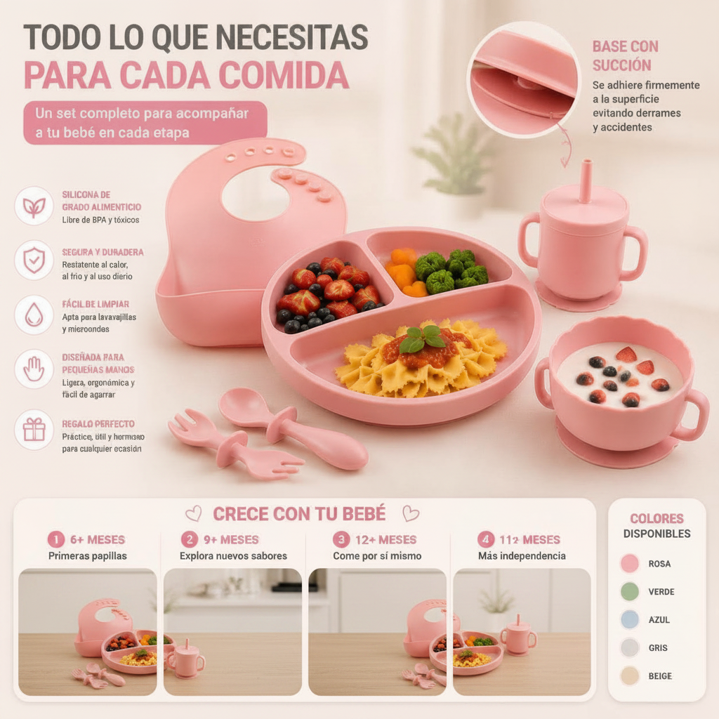 Set de Alimentación de Silicona para Bebé · 6 Piezas con Succión | Plato, Bol, Babero, Vaso y Cubiertos BLW