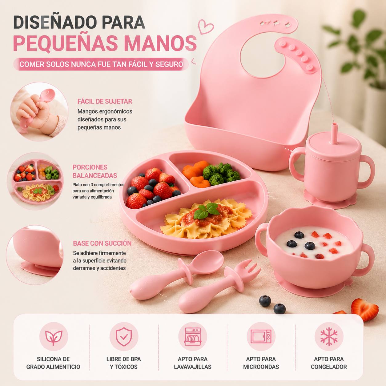 Set de Alimentación de Silicona para Bebé · 6 Piezas con Succión | Plato, Bol, Babero, Vaso y Cubiertos BLW
