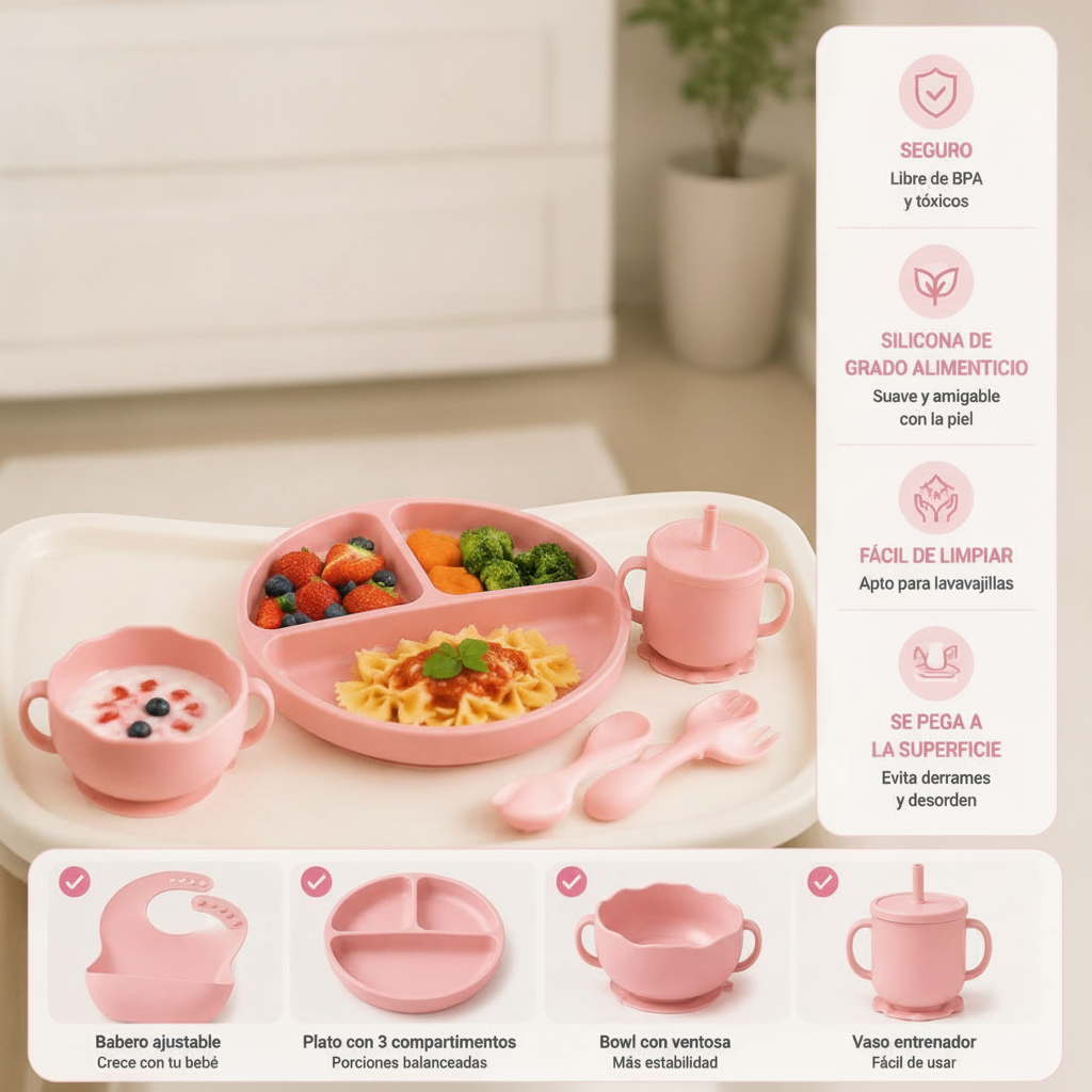 Set de Alimentación de Silicona para Bebé · 6 Piezas con Succión | Plato, Bol, Babero, Vaso y Cubiertos BLW