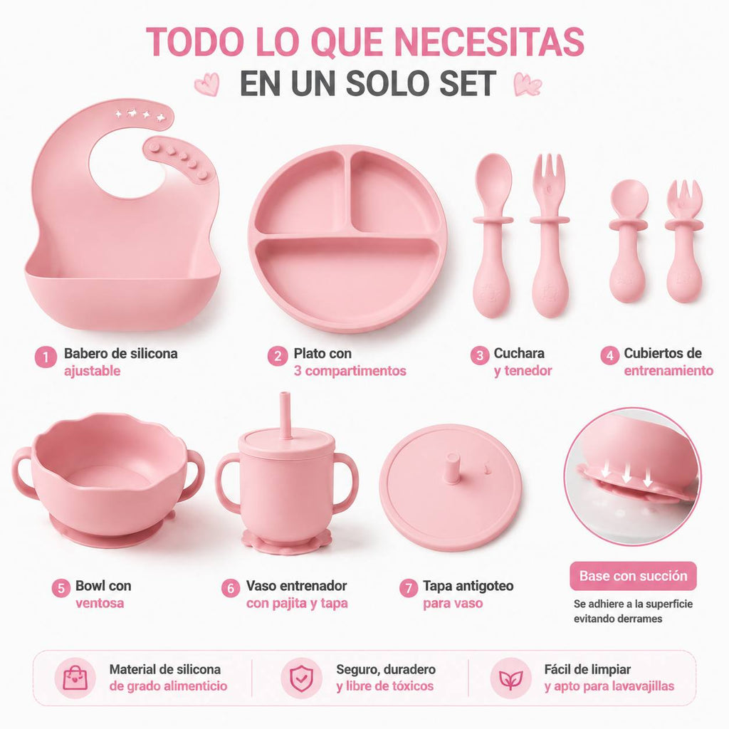 Set de Alimentación de Silicona para Bebé · 6 Piezas con Succión | Plato, Bol, Babero, Vaso y Cubiertos BLW