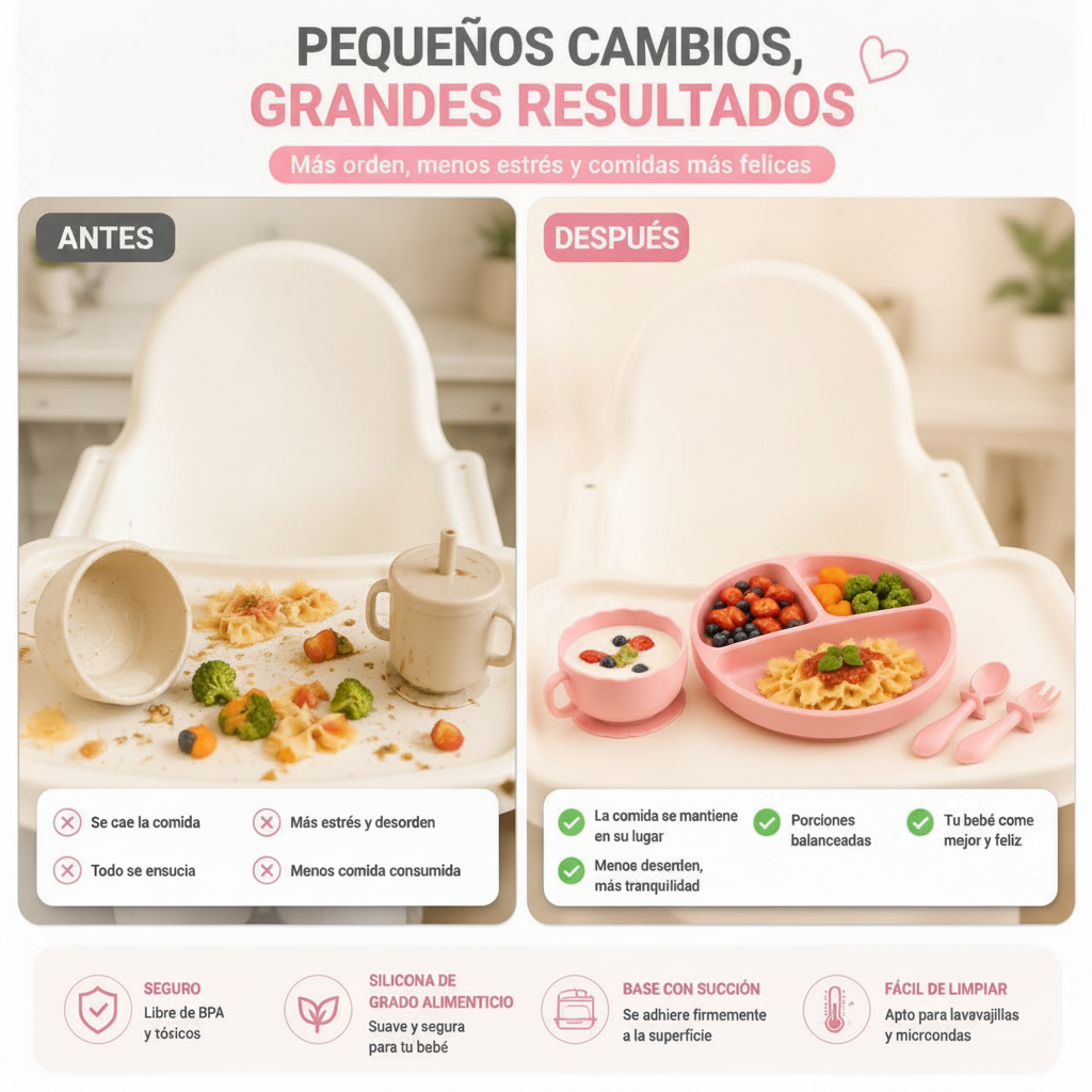 Set de Alimentación de Silicona para Bebé · 6 Piezas con Succión | Plato, Bol, Babero, Vaso y Cubiertos BLW