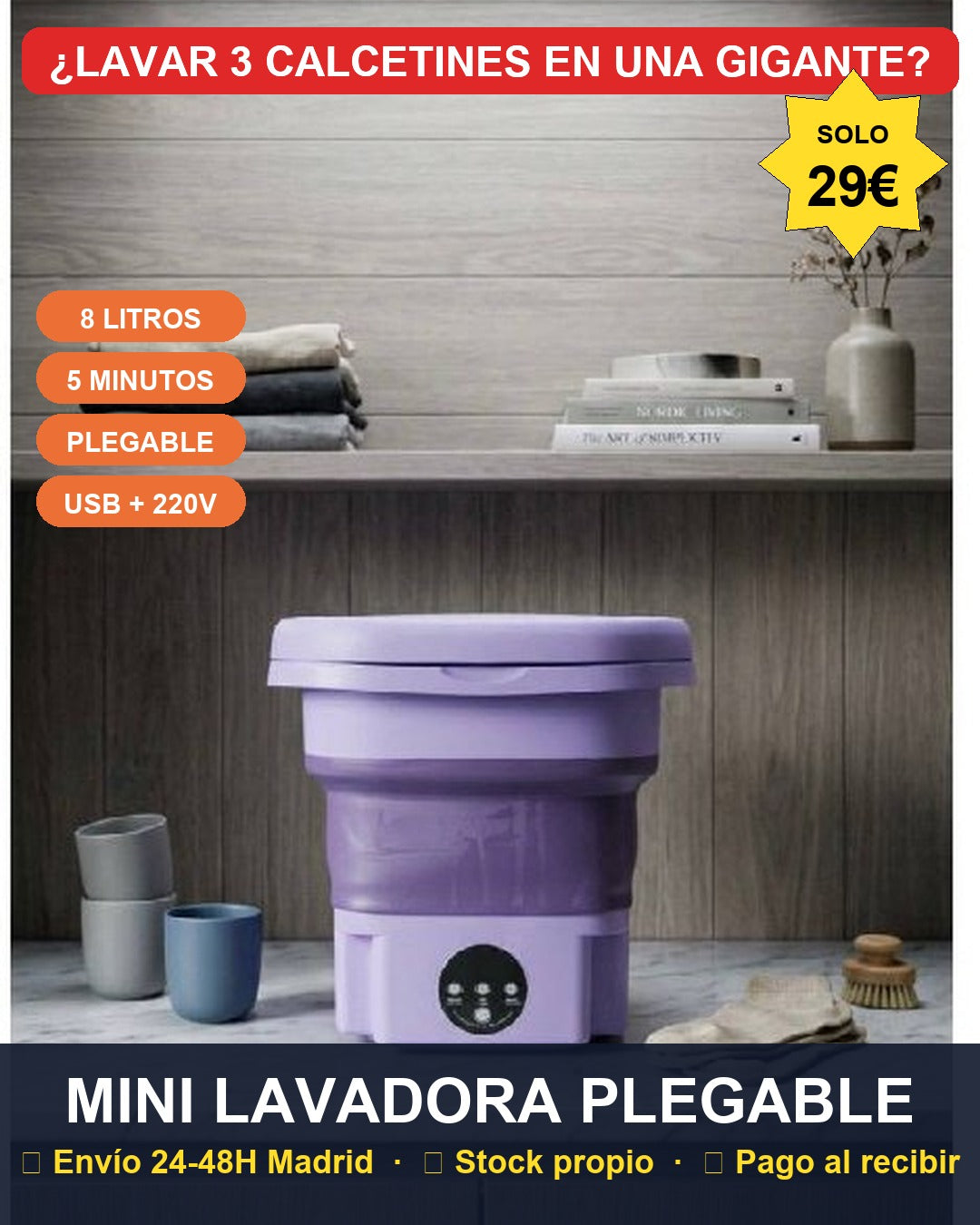 Mini Lavadora Plegable Glow Nest · 29€ · Lavadora gigante por 3 calcetines · 8L 5min USB