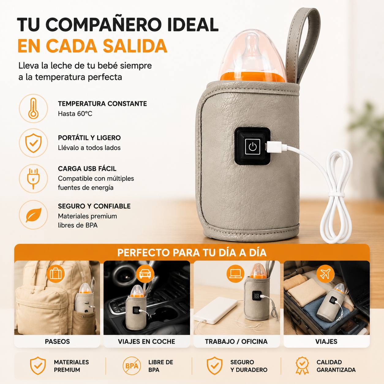 Calienta Biberones Portátil USB · Temperatura Constante hasta 60°C | Calentador de Leche de Viaje para Bebé