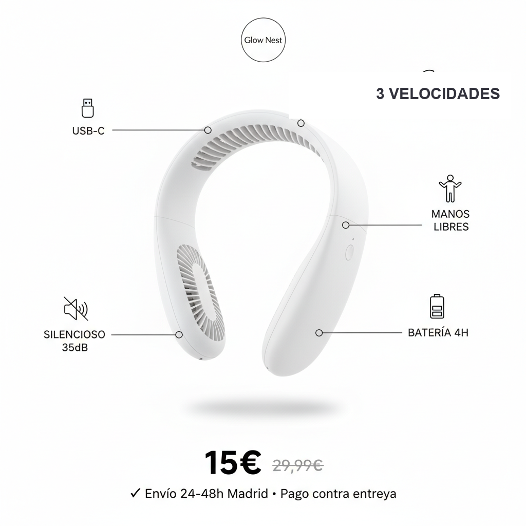 Ventilador de cuello specs · USB-C · 4h batería · 35dB · 15€