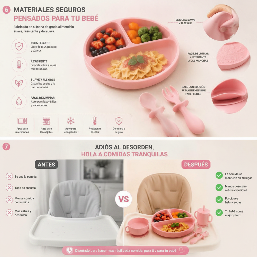 Set de Alimentación de Silicona para Bebé · 6 Piezas con Succión | Plato, Bol, Babero, Vaso y Cubiertos BLW