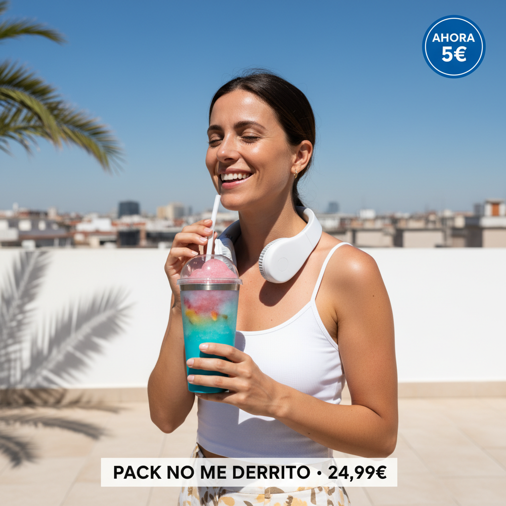 Pack lifestyle · Mujer joven feliz en terraza Madrid con ventilador y vaso frozen · 24,99€