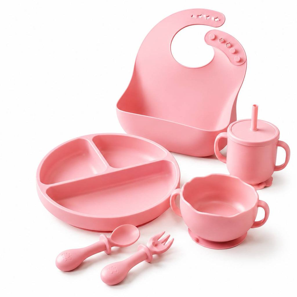 Set de Alimentación de Silicona para Bebé · 6 Piezas con Succión | Plato, Bol, Babero, Vaso y Cubiertos BLW