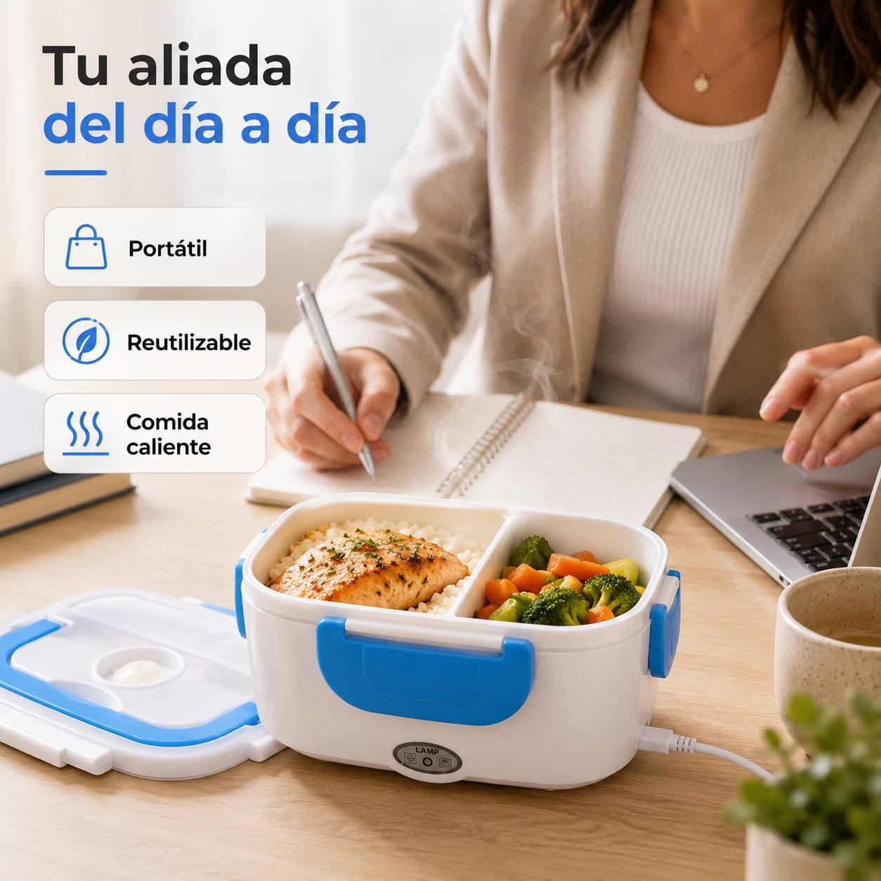 Fiambrera Eléctrica Portátil 1,5L · Comida Caliente sin Microondas · Táper Eléctrico 40W con Cubiertos