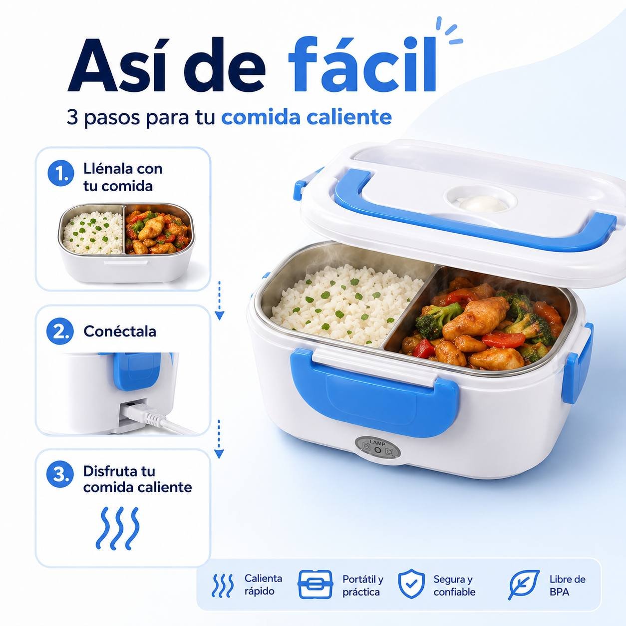 Fiambrera Eléctrica Portátil 1,5L · Comida Caliente sin Microondas · Táper Eléctrico 40W con Cubiertos