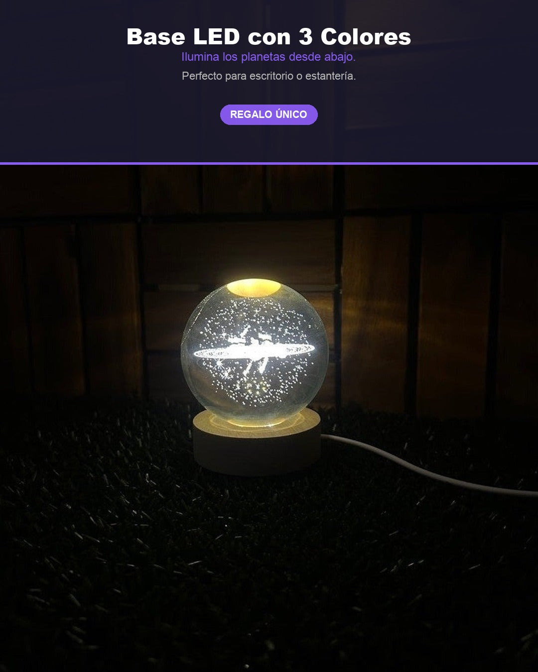 Bola de Cristal LED Sistema Solar 3D | Lámpara Decorativa Galaxia con Base