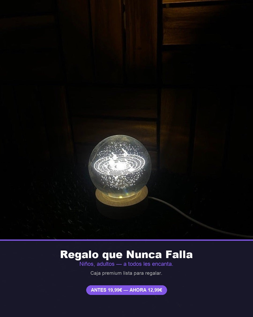 Bola de Cristal LED Sistema Solar 3D | Lámpara Decorativa Galaxia con Base