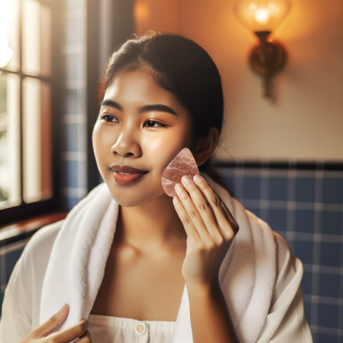 Mujer usando Gua Sha facial rutina de belleza - Glow Nest