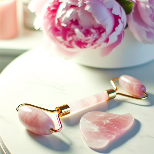 Kit Gua Sha y Rodillo de Jade sobre marmol rosa - Glow Nest