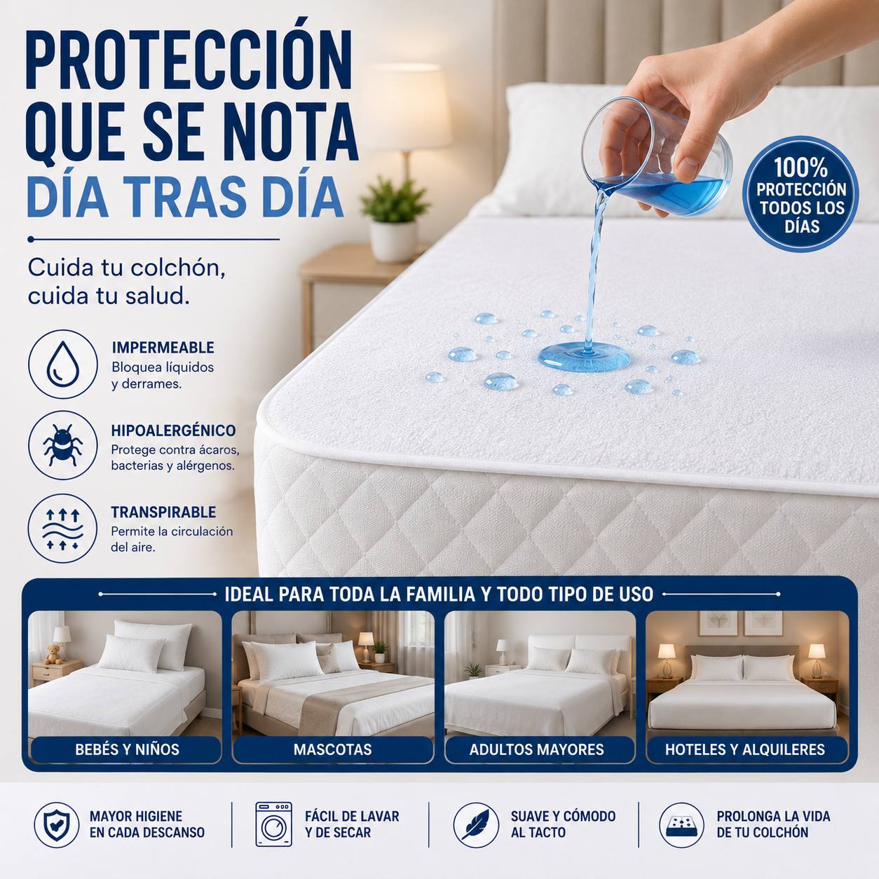 Protector de colchón impermeable bloquea líquidos derrames