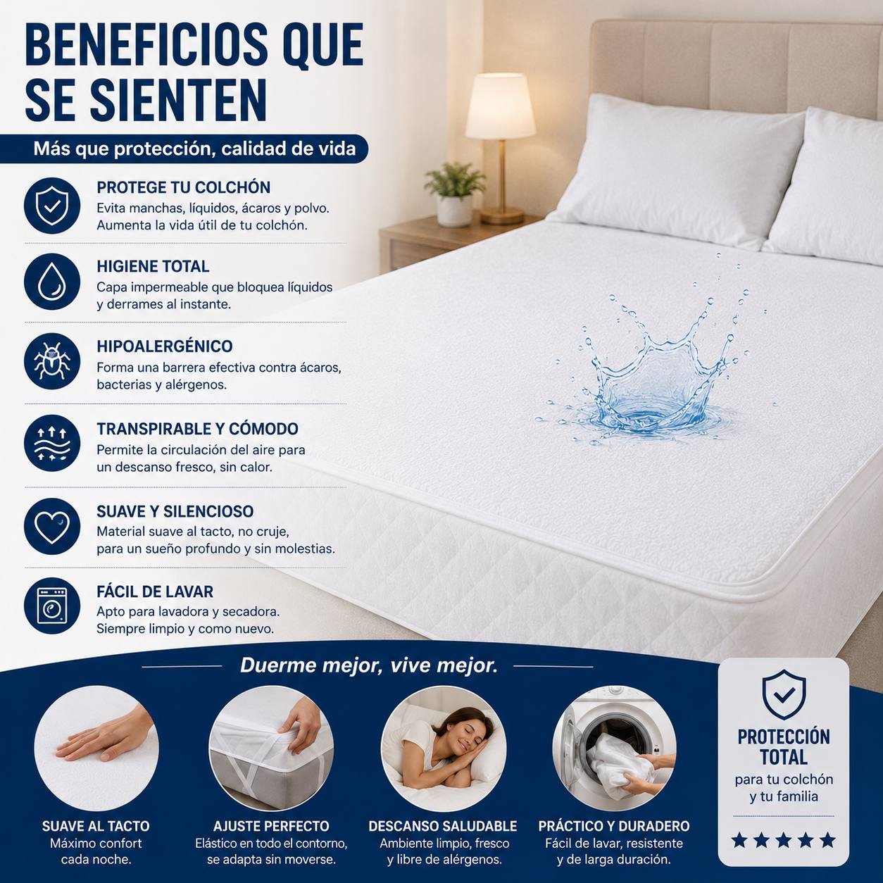 Beneficios protector colchón suave silencioso lavable a máquina