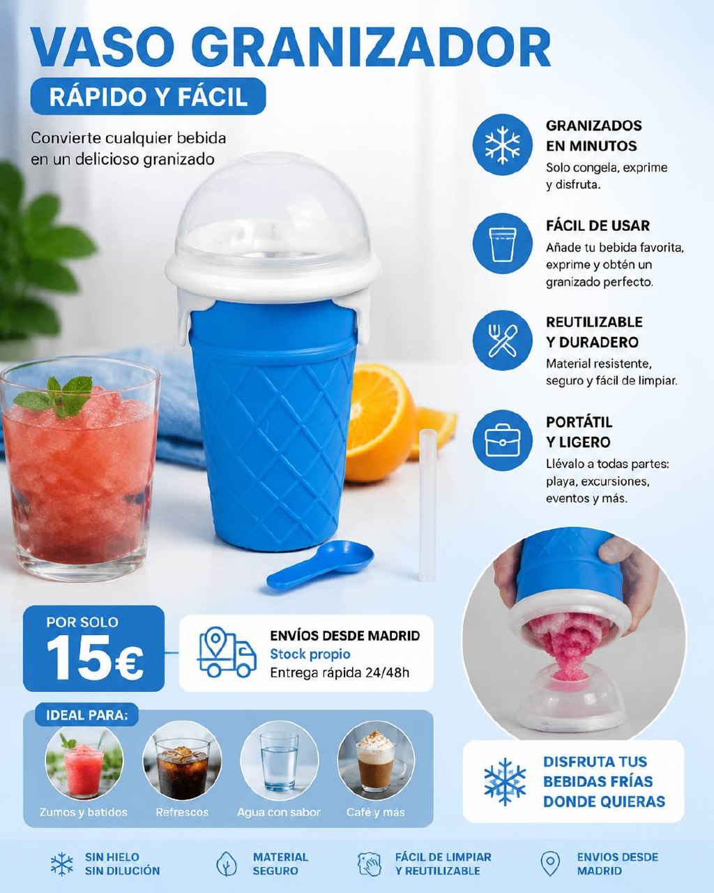 Vaso Granizador · 15€ · Helado y granizado en segundos · Stock Madrid 24-48h · v2